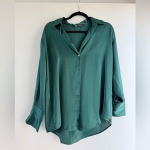ZARA Green Satin Button Up Blouse